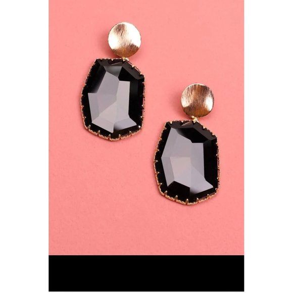 black statement earrings glass crystal gold , black wedding earrings chunky - Picture 2 of 2